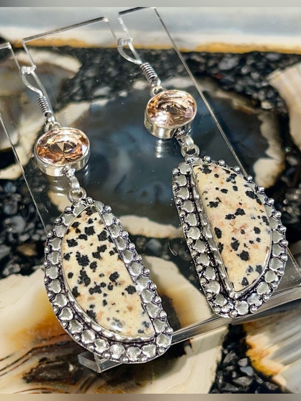 Dalmatian Jasper Stone Earrings 3”